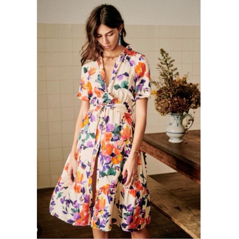 Sezane Dauphie 100% Silk Floral Midi Dress